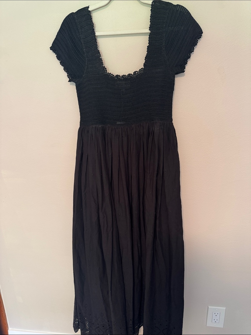 Black Smocked Bodice Maxi Dress with Short Sleeves